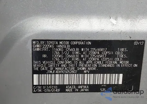 2012 Toyota Rav4 из США, поврежденный, VIN JTMJF4DV9C5052802